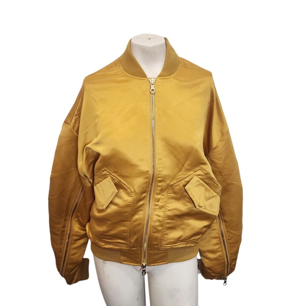 Only The‎ Blind Bomber Jacket Gold Satin Ruched Sleeve Zip Jacket Streetwear